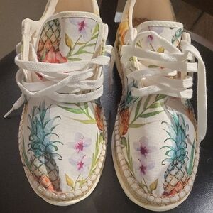 Free People White and Cream Sneakers with Tropical Print